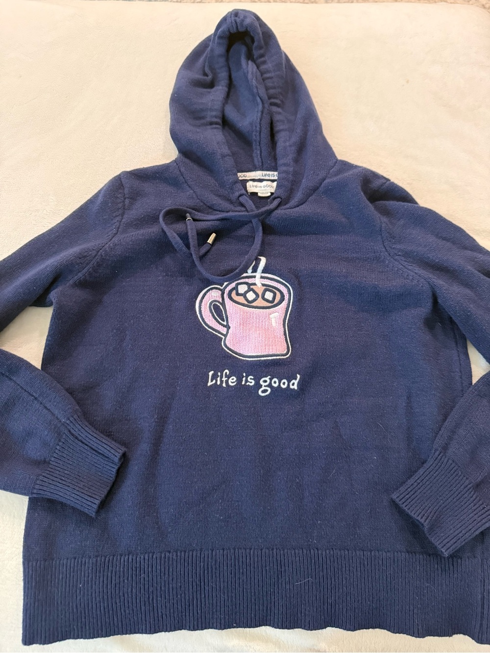Life Is Good Sweater Women's Hot Cocoa Pullover Knit Hooded Blue D74